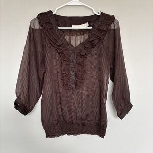 Costa Blanca Women Size XS Sheer Blouse Polka Dot Chocolate Brown Teacher Office